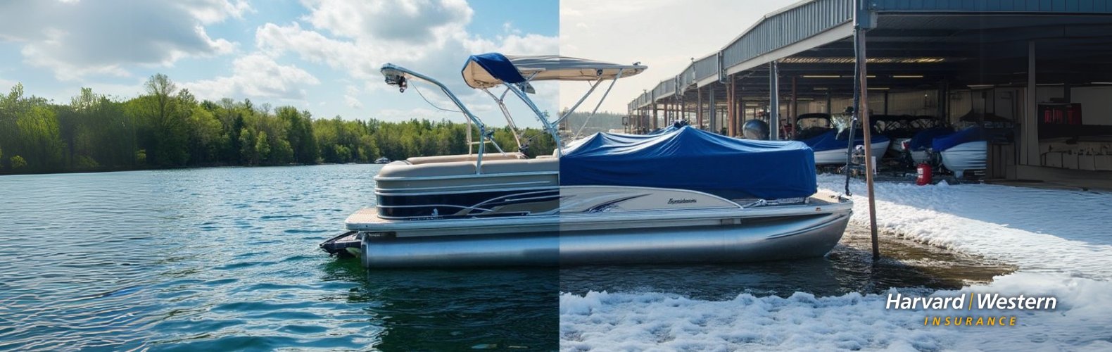 Photo of a pontoon boat in the water that is divided in half with snow on the right side